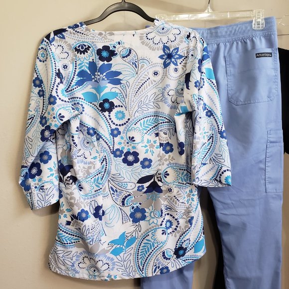 UA Butter-soft Stretch Floral Scrub Top + 2 Scrub Pants Bundle Ceil Blue Black S - Picture 6 of 13